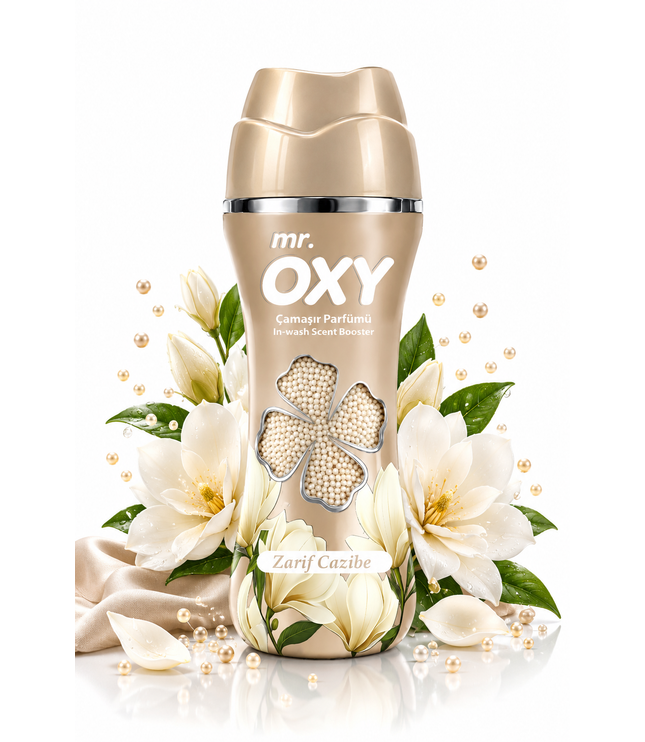 Wäscheparfum Mr. Oxy Zarif Cazibe, beiger Flakon mit Kleeblatt- und Blumenmotiv.