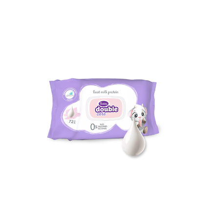 Feuchttücher Ziegenmilchprotein im lila Beutel, „double care“-Logo