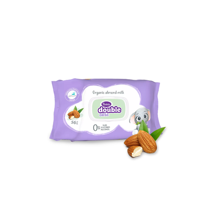 Feuchttücher Bio-Mandelmilch im lila Beutel, „double care“-Logo