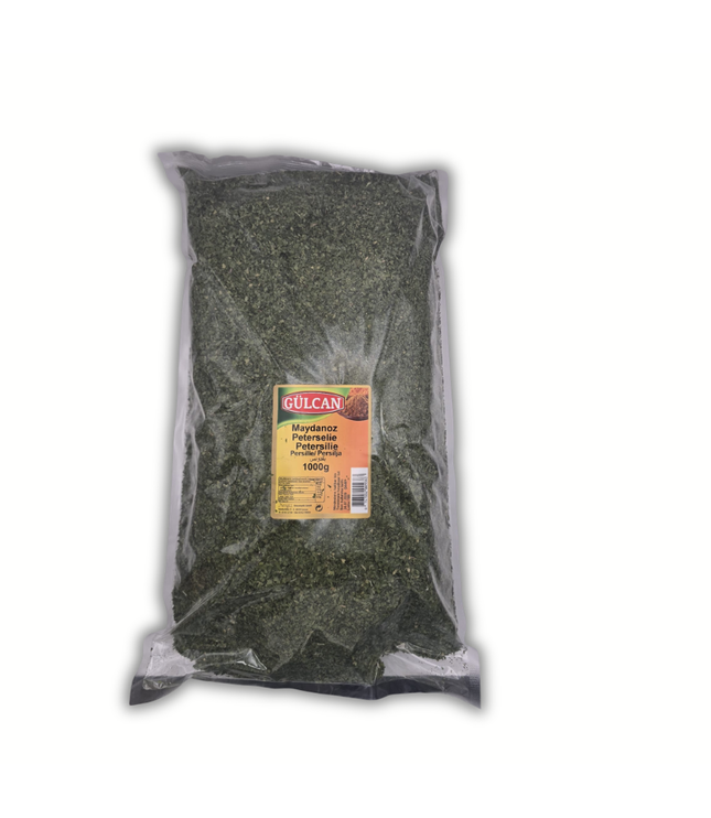 Petersilie in 1000 g Packung, grünlich-dunkles Kräuterpulver im Beutel