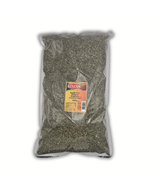 Oregano in 1000 g Packung, dunkelgrünes Kräuterpulver im Beutel