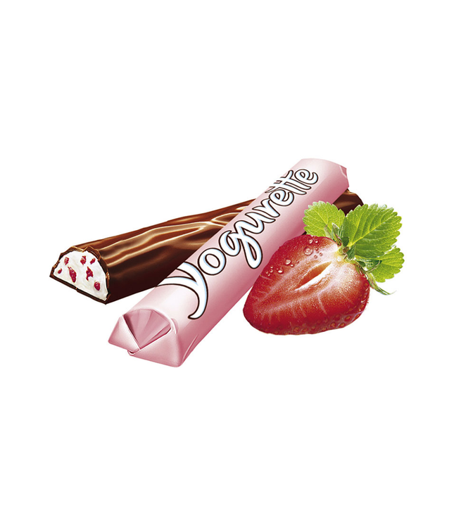Erdbeer-Joghurt Schokoriegel mit Vanillecreme-Füllung, angeschnitten, mit Erdbeere