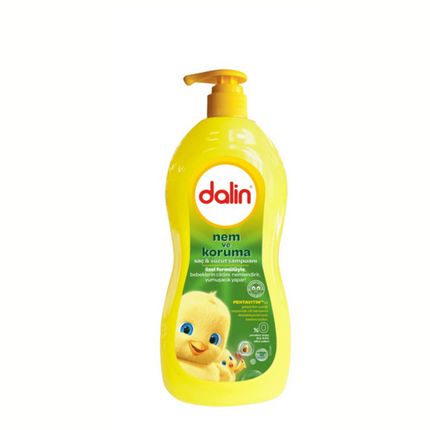 Babypflege-Shampoo von Dalin, gelb-grüne Spenderflasche mit Entenmotiv