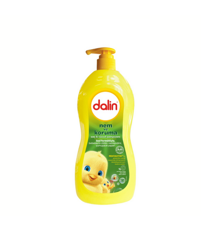 Babypflege-Shampoo von Dalin, gelb-grüne Spenderflasche mit Entenmotiv