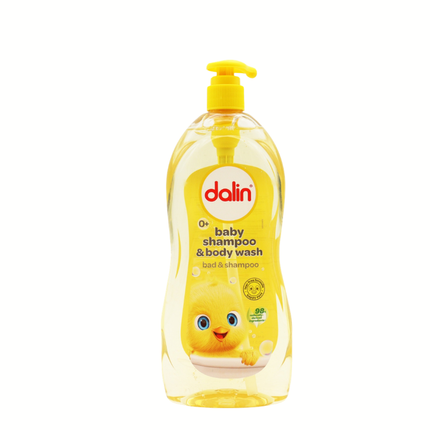 Babypflege-Shampoo von Dalin, gelb-weiße Flasche mit Pumpe und 98%-Angabe