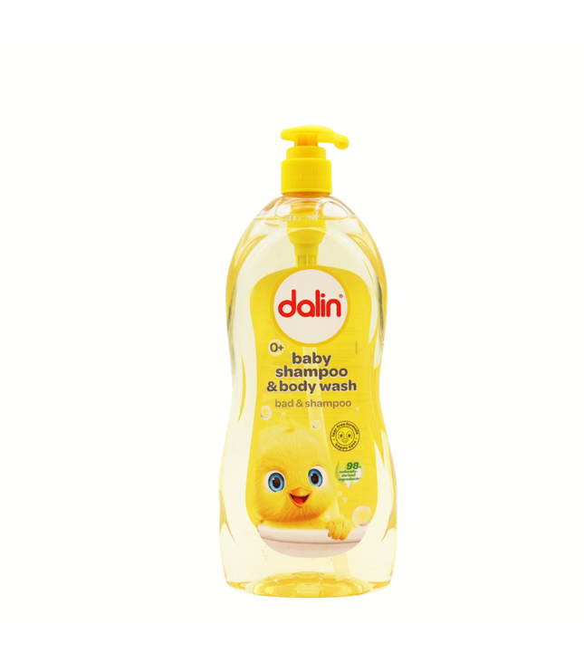 Babypflege-Shampoo von Dalin, gelb-weiße Flasche mit Pumpe und 98%-Angabe
