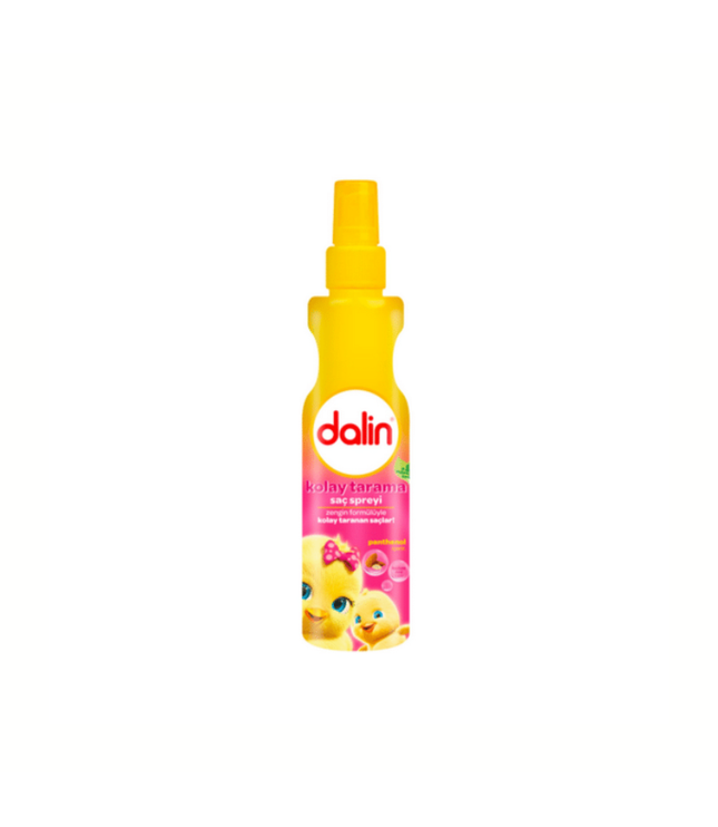 Dalin Babypflege-Spray, kleine gelbe Flasche mit Tropfenhals und rosa Etikett