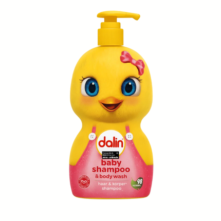 Baby-Shampoo von Dalin, pink-gelbe Spenderflasche mit Entenmotiv