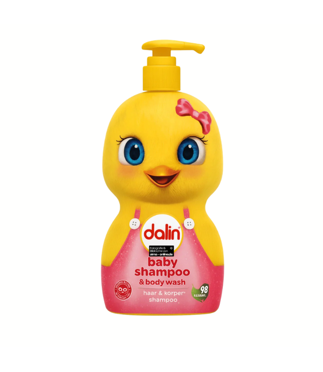 Baby-Shampoo von Dalin, pink-gelbe Spenderflasche mit Entenmotiv