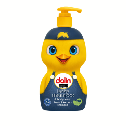 Baby-Shampoo von Dalin, blau-gelbe Spenderflasche mit Entenmotiv