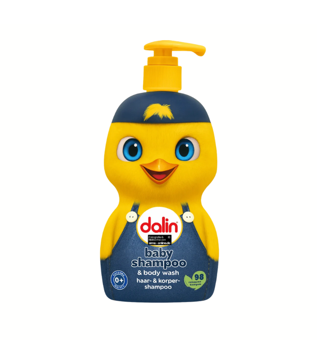 Baby-Shampoo von Dalin, blau-gelbe Spenderflasche mit Entenmotiv