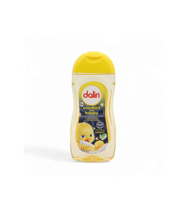 Babypflege-Shampoo von Dalin, gelb-weiße Flasche mit gelbem Deckel