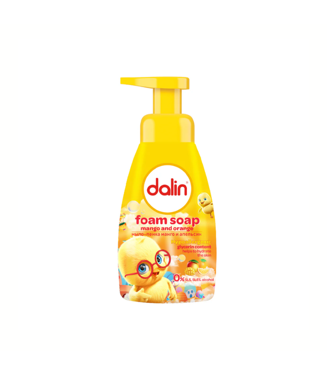 Schaumseife von Dalin, gelbe Spenderflasche mit Enten- und Blasenmotiv