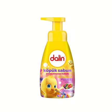 Schaumseife von Dalin, gelbe Flasche mit Sprühpumpe und Beeren- und Entenmotiv