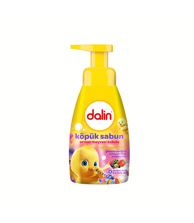 Schaumseife von Dalin, gelbe Flasche mit Sprühpumpe und Beeren- und Entenmotiv