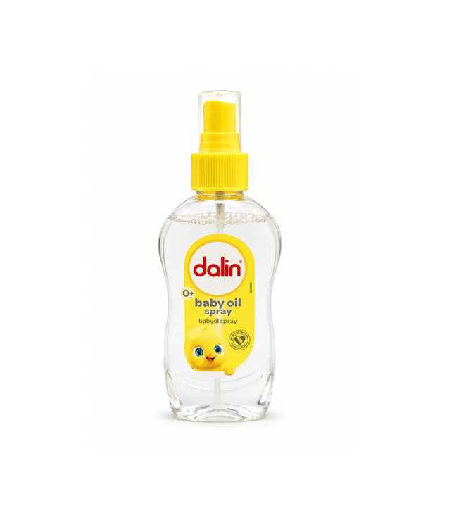 Dalin Babyöl-Spray: klare Flasche mit gelbem Pumpspender