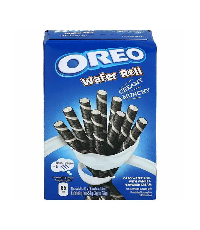 Oreo Waffelröllchen mit Vanillegeschmack, Packung mit abgebildeten Waffelrollen