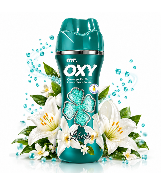 Mr. Oxy Wäscheparfum Liberte in türkisgrüner Flasche mit Kleeblattmotiv
