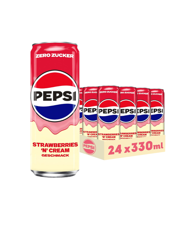Pepsi Strawberry Cream Getränkedose, rote Etikettvorderseite, 330 ml, Zero Zucker