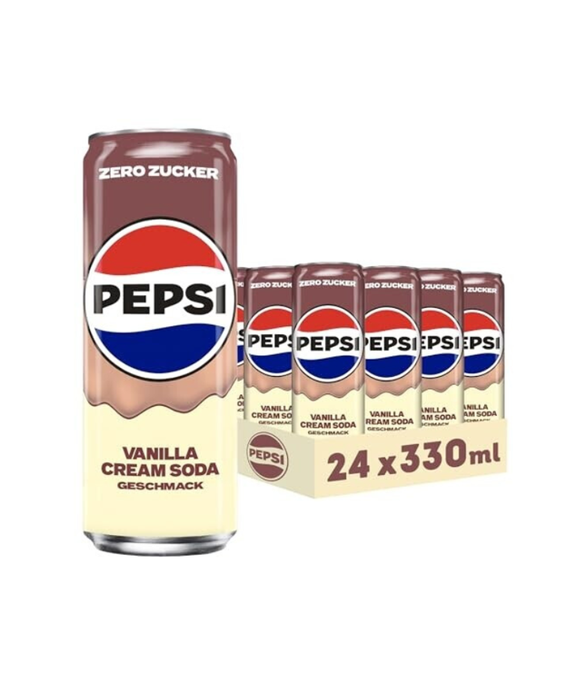 Pepsi Zero Vanille-Cream Soda, Dose mit Aufdruck und 330-ml-Angabe, 24er-Pack