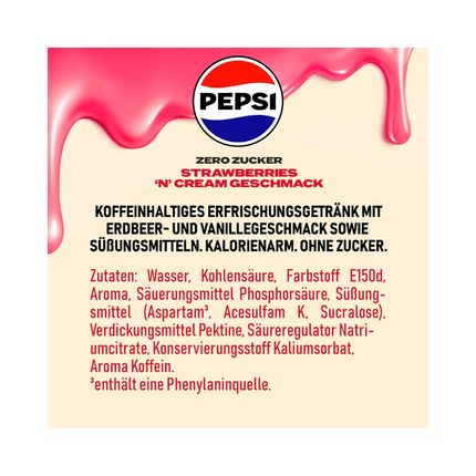 Zutaten- und Hinweisfeld Pepsi Zero Zucker Strawberry 'n' Cream, Dose 24x330 ml