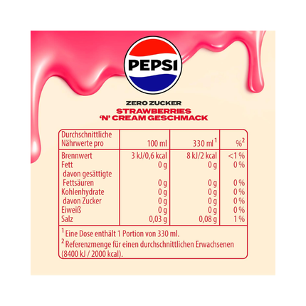 Nährwerttabelle Pepsi Zero Zucker Strawberry 'n' Cream, 100 ml und 330 ml, 24x330 ml