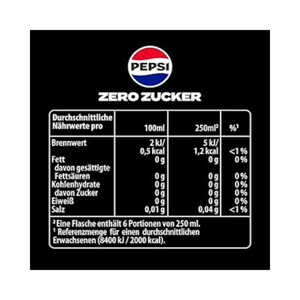 Nährwerttabelle Pepsi Zero Zucker, 100 ml und 250 ml, 24x330 ml