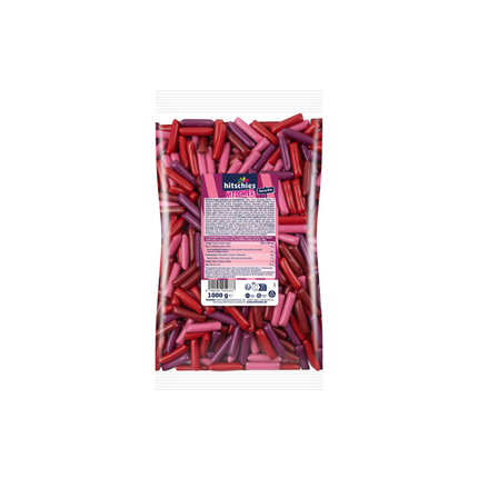 Beutel mit Hitschies Berry Mix, gefüllt mit pinken und roten gezuckerten Stiften