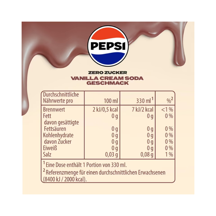 Nährwerttabelle Pepsi Zero Vanilla Cream Soda, 100 ml und 330 ml, 24x330 ml