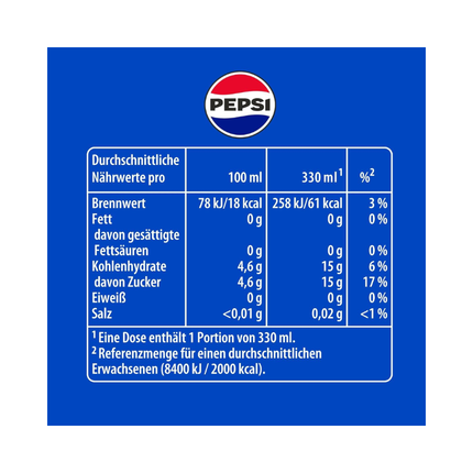 Nährwerttabelle Pepsi Classic, 100 ml und 330 ml pro Portion, 24x330 ml