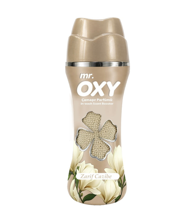 Wäscheparfum Mr. Oxy Zarif Cazibe, beiger Flakon im Nahformat mit Kleeblattmotiv.