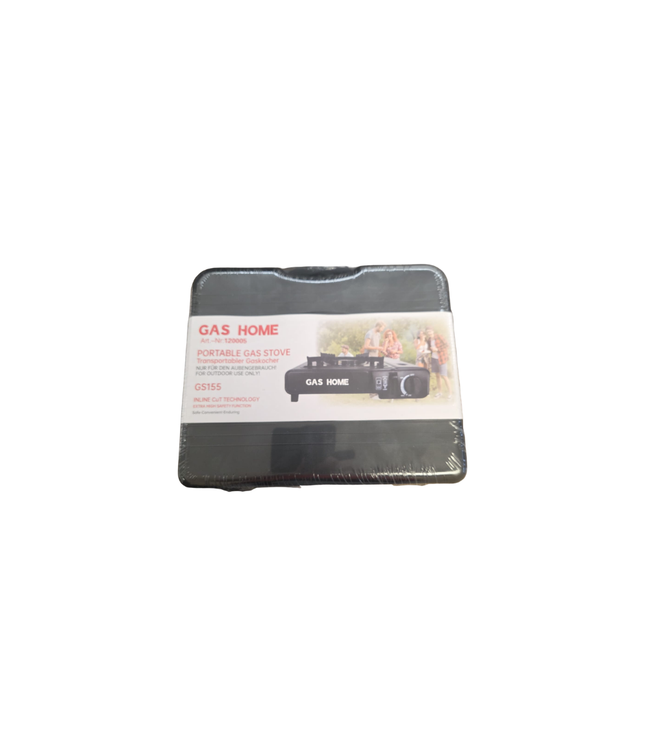 Tragbarer Gaskocher in Verpackung mit Sichtfenster und GAS HOME-Aufdruck