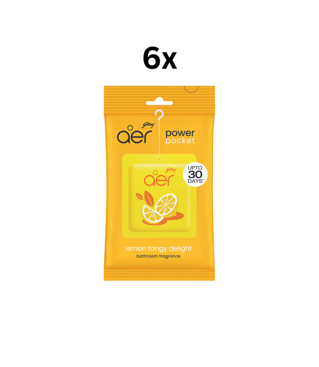 Godrej Aer Power Pocket Badduft, Zitronenaroma, gelbes Aufhängebeutelchen (6x)