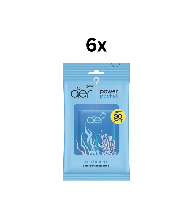Godrej Aer Power Pocket Badduft, Meeresbrise, blauer Aufhängebeutel (6x)