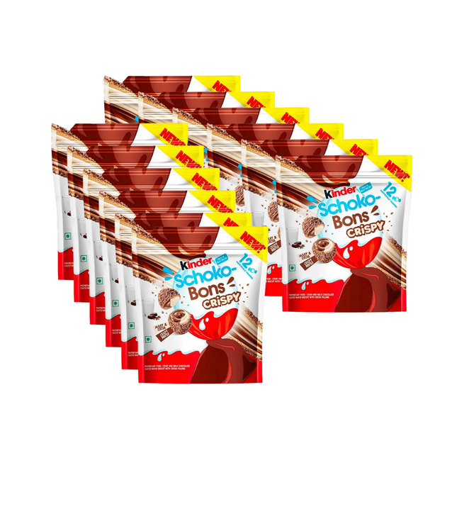 Mehrere Kinder Schoko-Bons Crispy Packungen, weiß-rot-braun mit Knusper-Schokomotiv