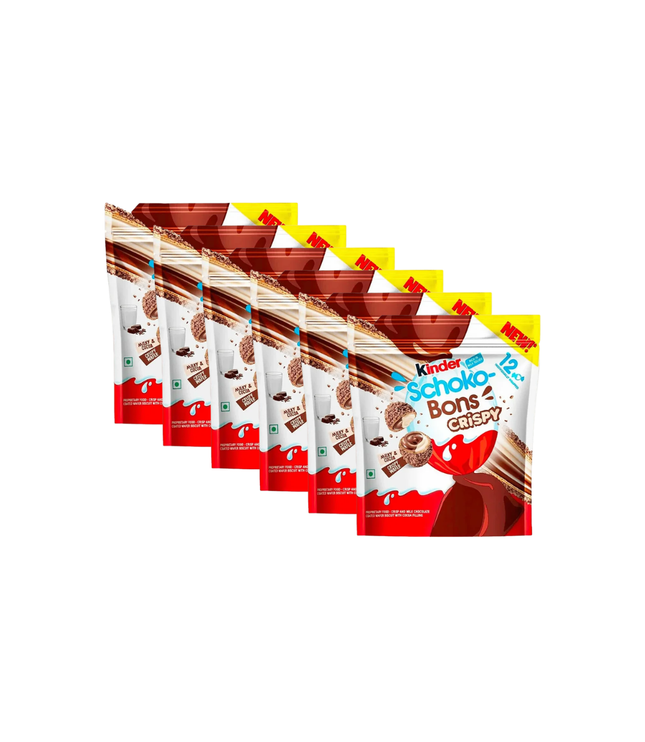 Mehrere Kinder Schoko-Bons Crispy Packungen, Frontaufdruck mit gelbem 12er-Hinweis
