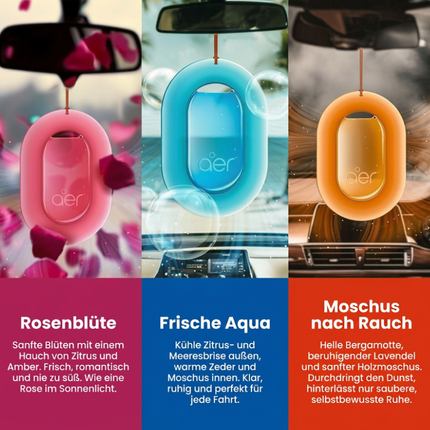 Drei hängende Autoduft-Drops: Rosenduft, Frische Aqua, Moschus nach Rauch