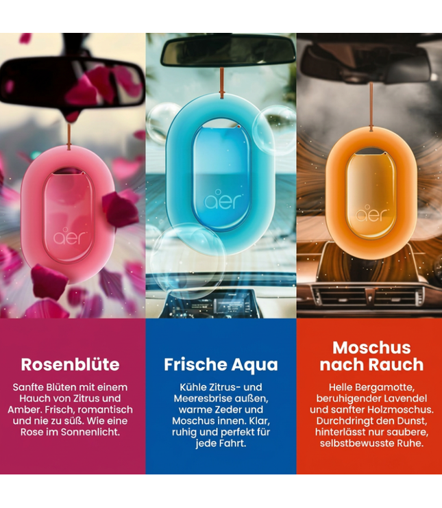 Drei hängende Autoduft-Drops: Rosenduft, Frische Aqua, Moschus nach Rauch