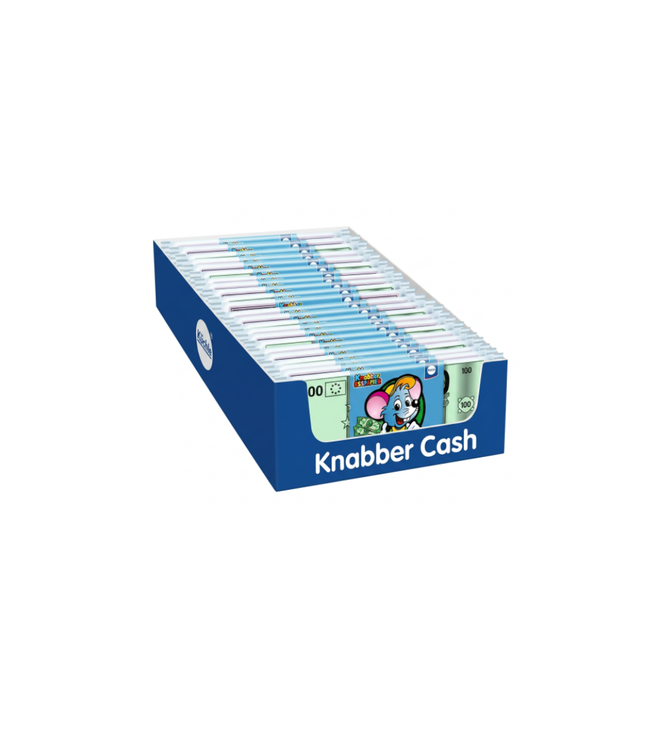 Knabber-Esspapier Karton mit Aufdruck „Knabber Cash“ und Folienpackungen