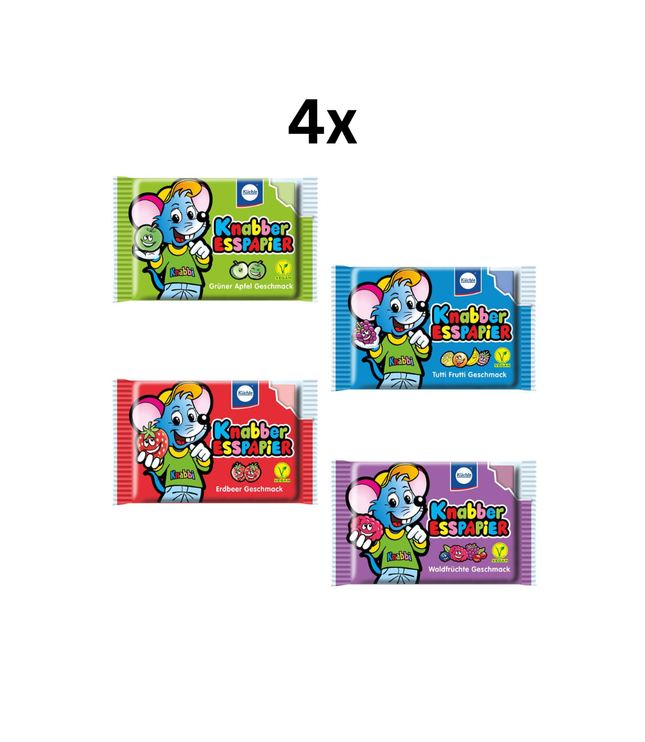 Esspapier-Snacks Sorten, 4 farbige Tütchen: grün, rot, blau und lila