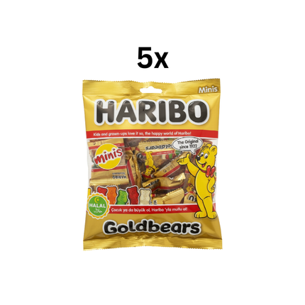 HARIBO Goldbears Minis Halal, gelbe Tüte mit 5x Aufdruck und Goldbären-Illustration