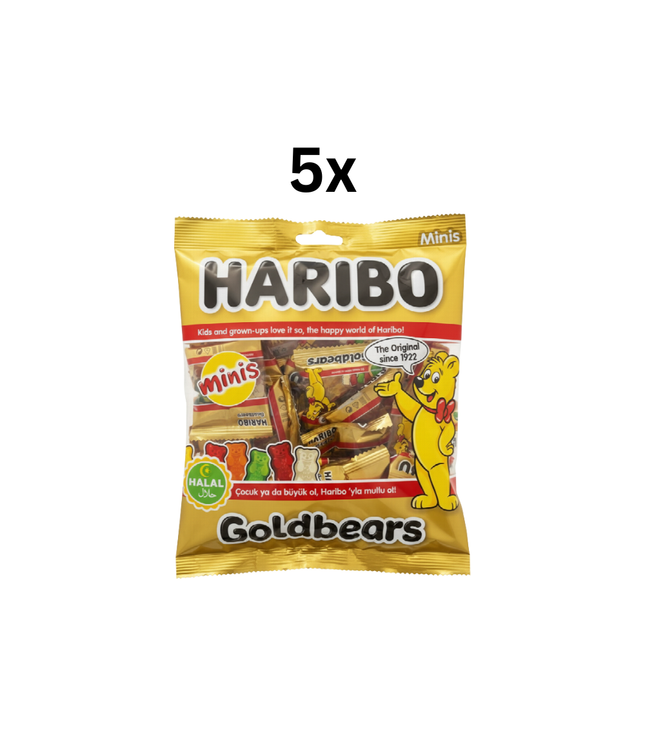 HARIBO Goldbears Minis Halal, gelbe Tüte mit 5x Aufdruck und Goldbären-Illustration
