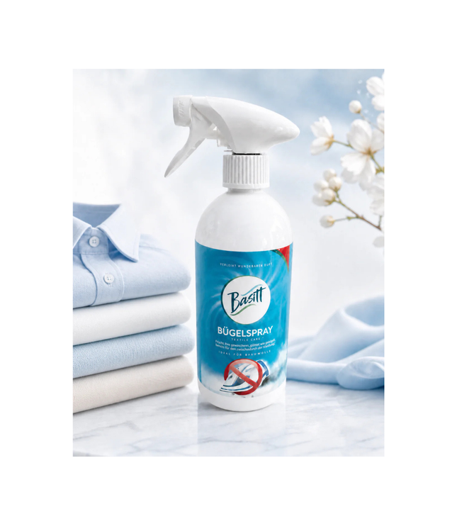 Basitt Bügelspray 500 ml, Sprühflasche mit großem Logo und blauem Etikett