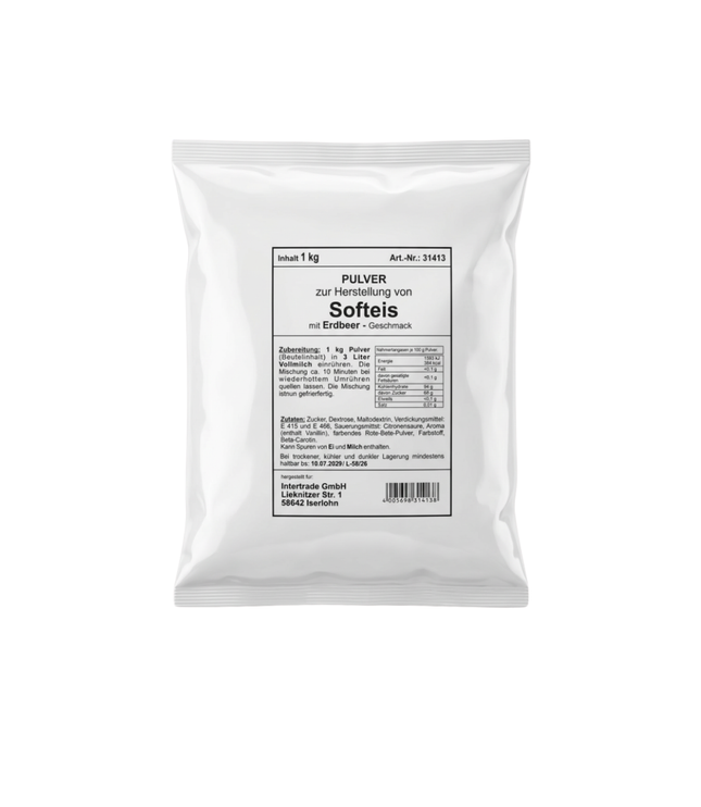 Softeispulver-Beutel mit Erdbeer-Geschmack, weiß verpackt, 1 kg