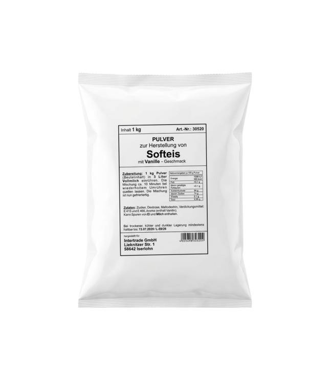 Softeispulver-Beutel mit Vanille-Geschmack, weiß verpackt, 1 kg