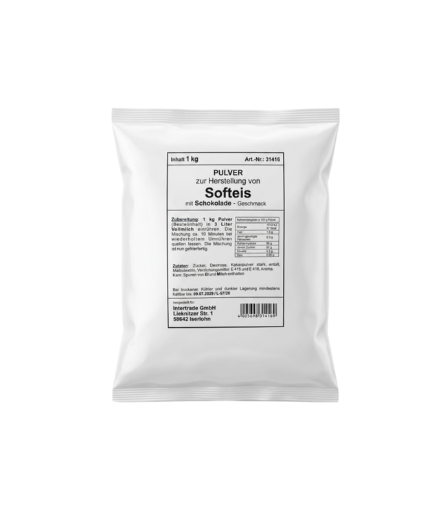 Softeispulver-Beutel mit Schokolade-Geschmack, weiß verpackt, 1 kg