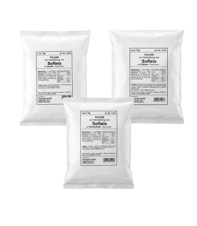 Softeispulver-Beutel-Set: Erdbeere, Schokolade und Vanille, je 1 kg
