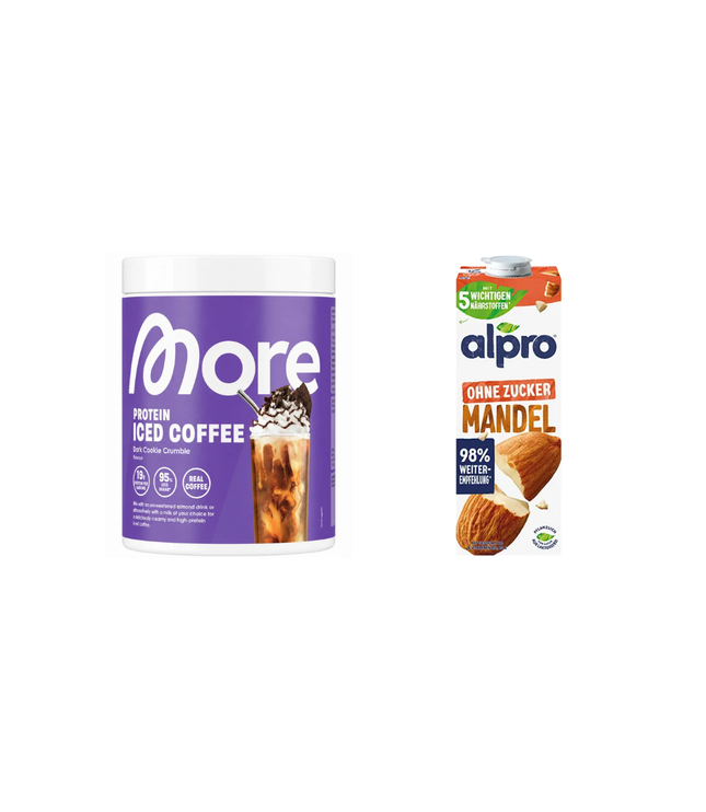 More Protein Iced Coffee Pulverdose und alpro Mandeldrink-Packung