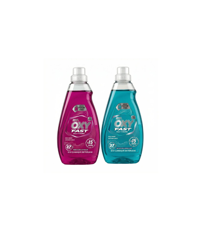 Mr. Oxy Fast Flüssigwaschmittel: pinke & blaue 1480-ml Flaschen