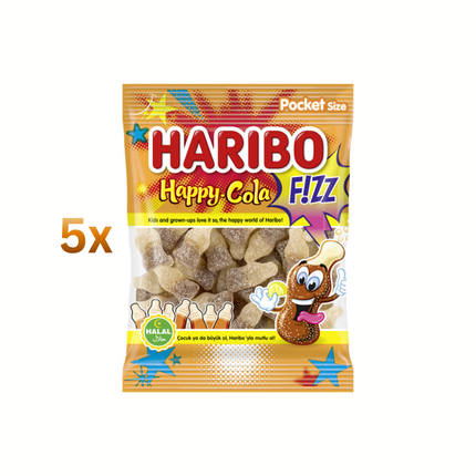 Haribo Happy-Cola Fizz Pocket size, 5x100g Fruchtgummi in goldener Tüte
